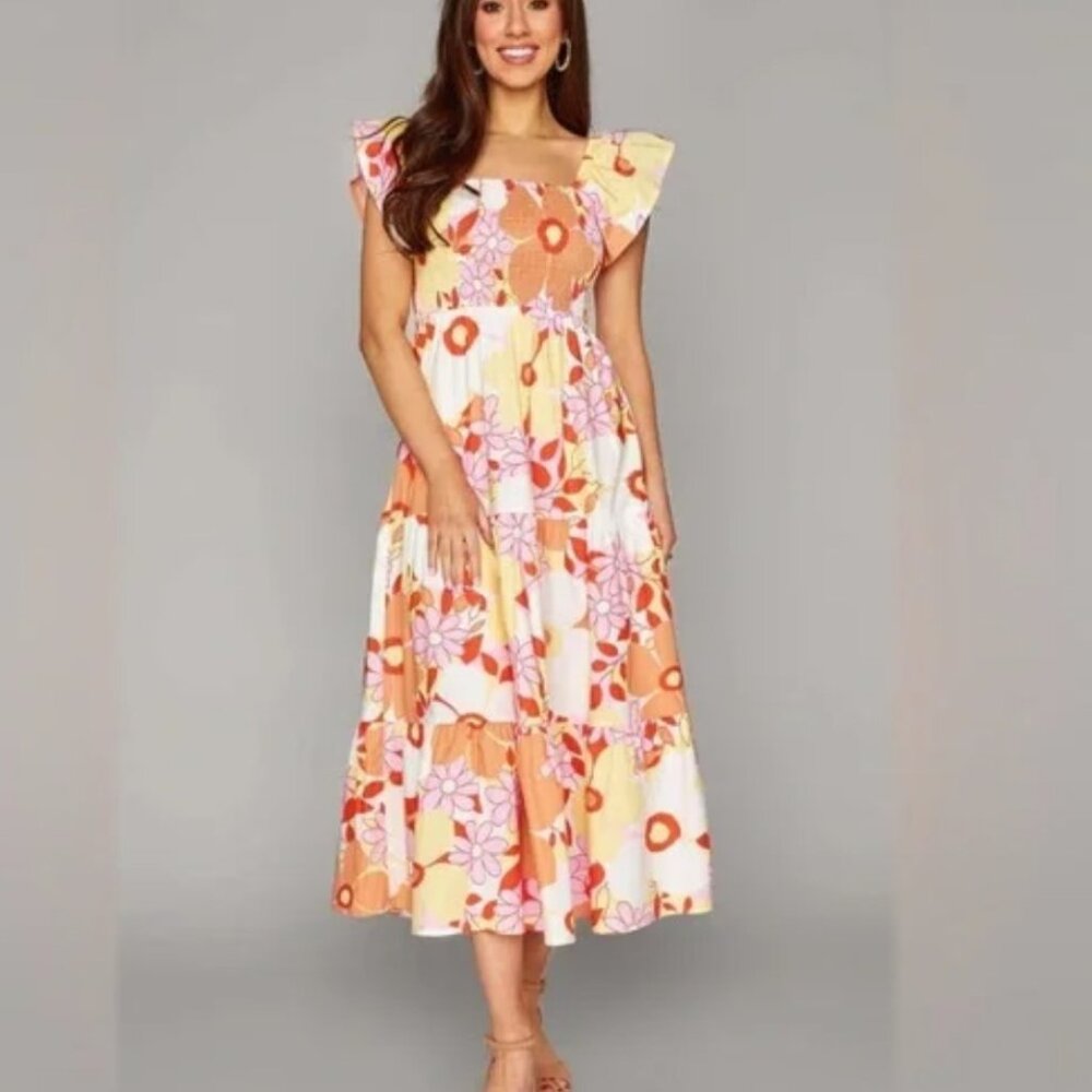 Buddy Love Floral Ruffle Sleeve Smocked Midi Dress Sz M